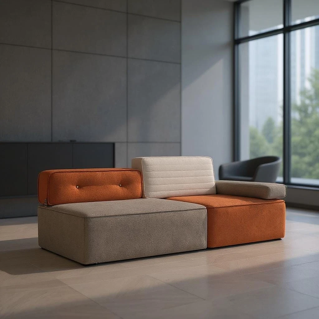 Three-quarter room view of the color-block floor sofa in orange, beige and cream upholstery