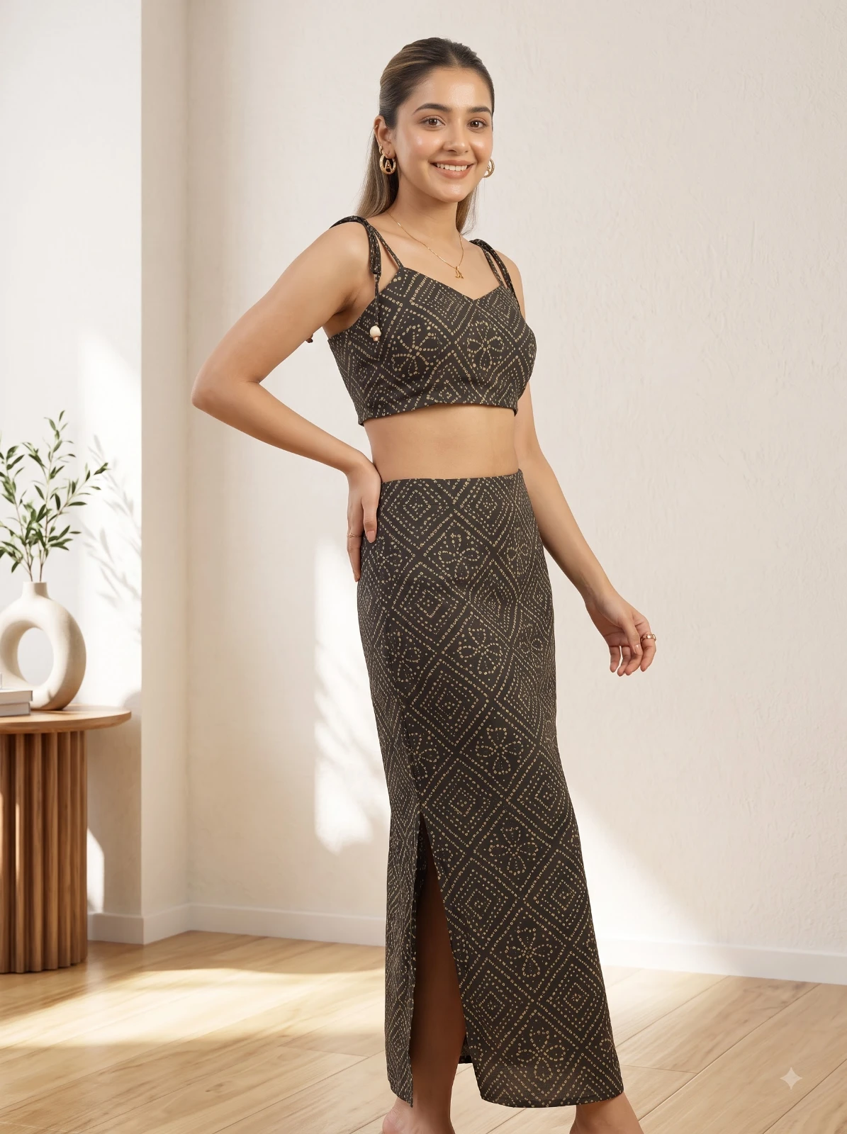 Three-quarter full-length view showing strappy crop top and matching printed skirt with front slit