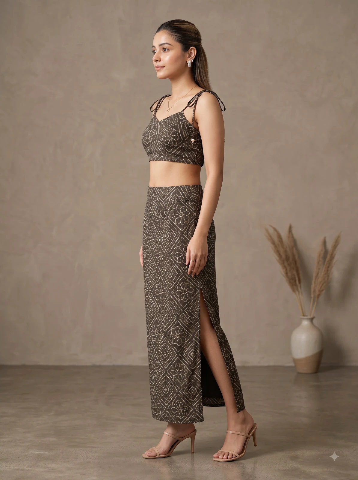 Left side profile of the olive printed set showing the skirt slit and slim silhouette