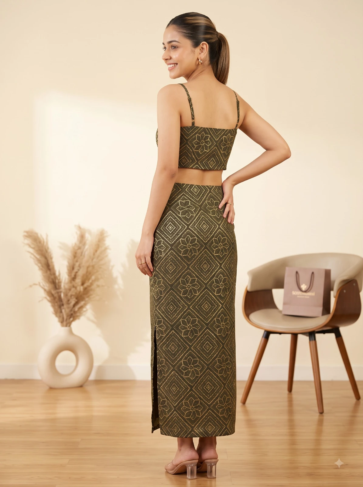 Rear full-length view of the matching crop top and straight maxi skirt with back coverage