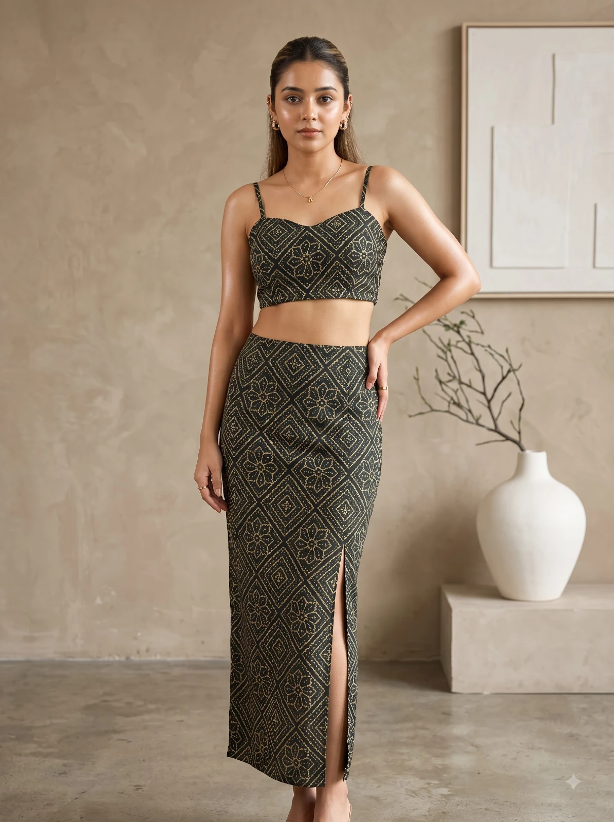 Straight-on front view of the co-ord set with sweetheart-style neckline and long slit skirt