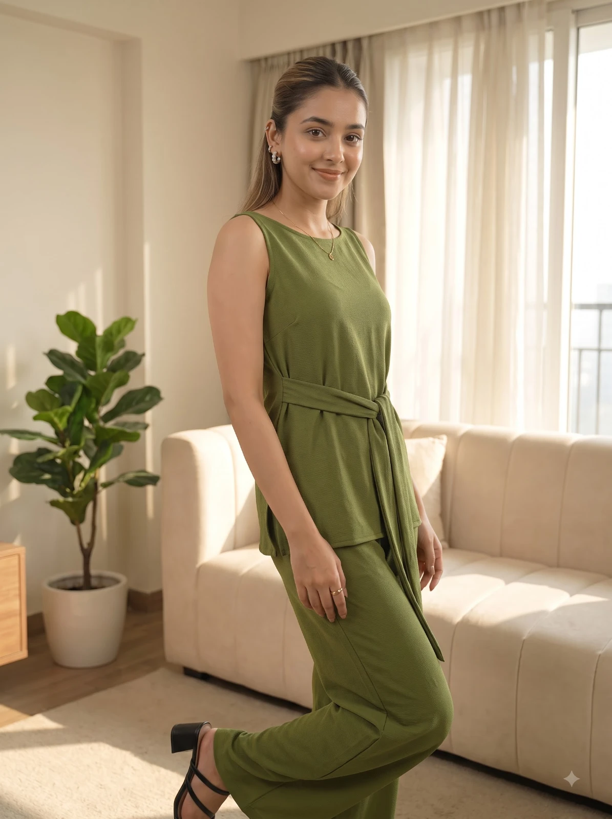 Standing angled view of olive two-piece set with waist tie and full-length straight wide-leg pants