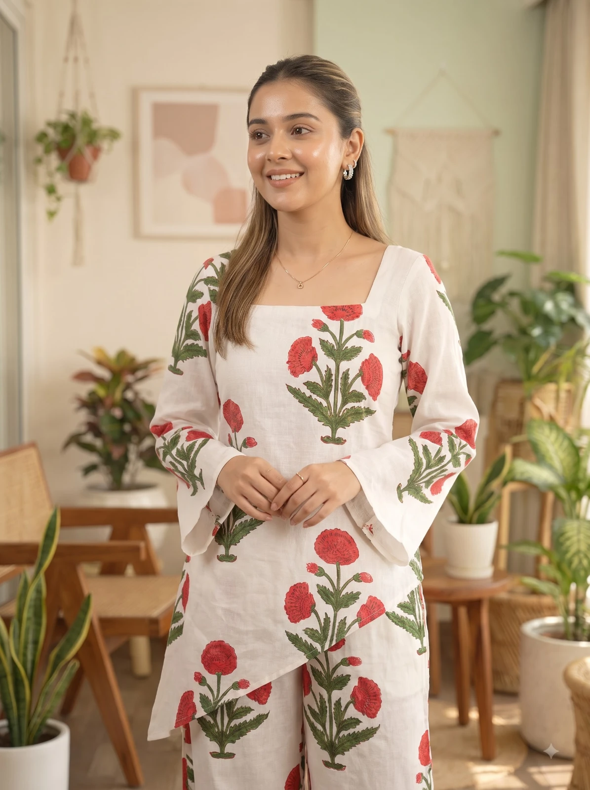 Front mid-length view highlighting the asymmetric overlap hem and matching printed palazzo pants