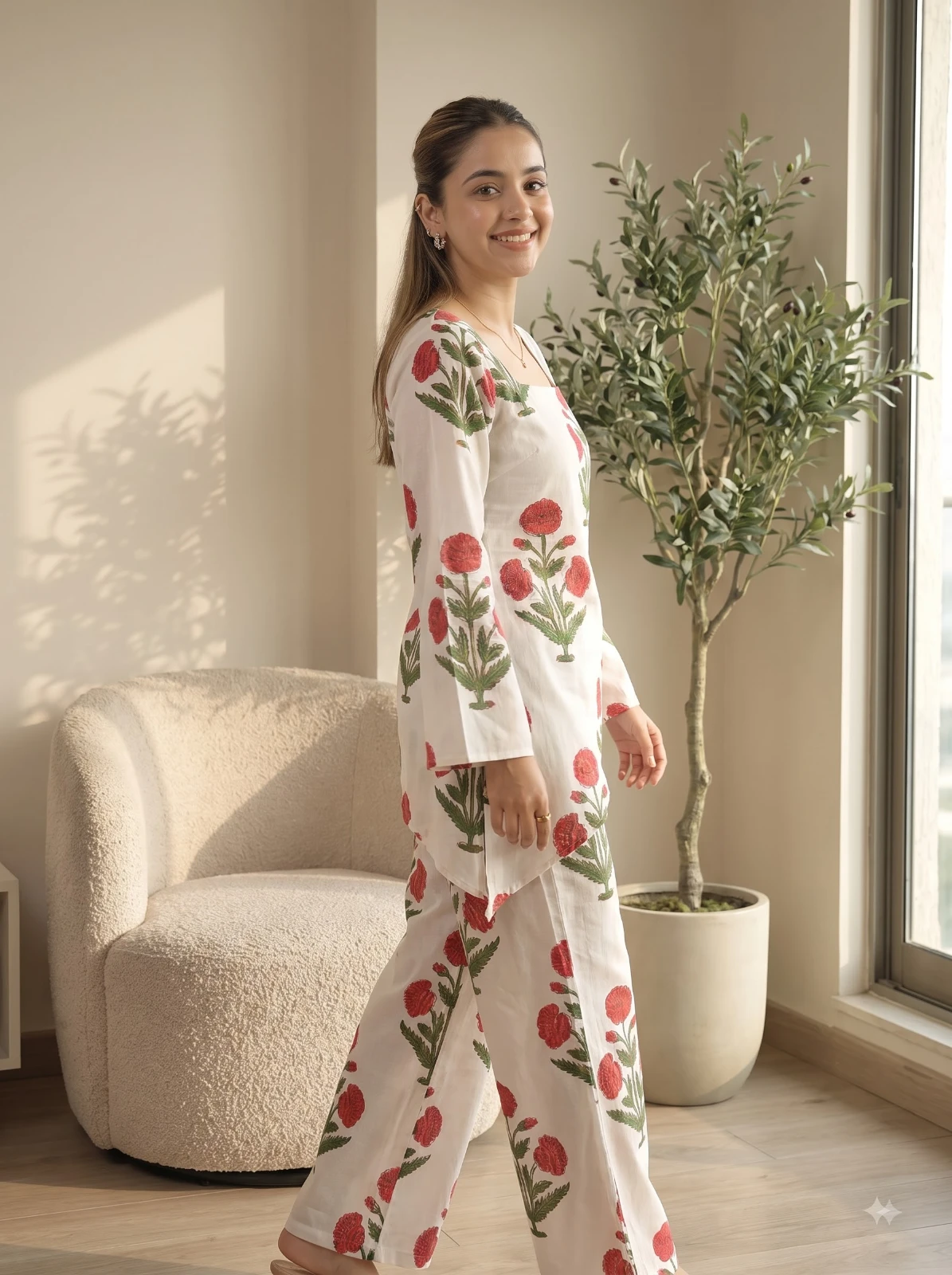 Side full-length view of the coordinated set in soft daylight with wide-leg pants visible