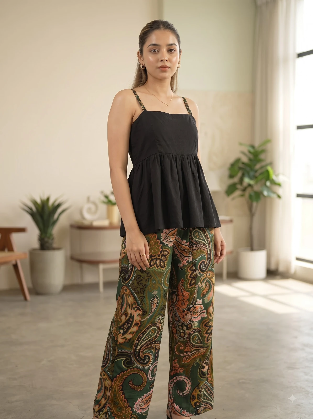 Seated front view of black peplum camisole top with printed slim straps and square neckline