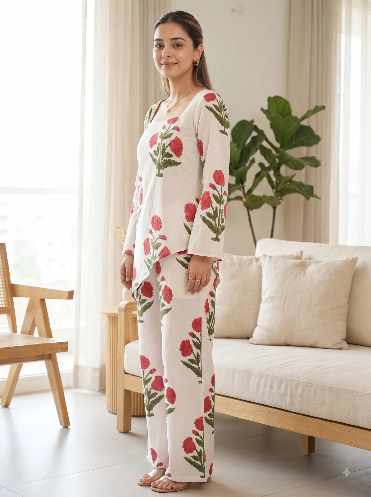 Three-quarter standing view showing full sleeves, straight fit top, and matching palazzo bottoms