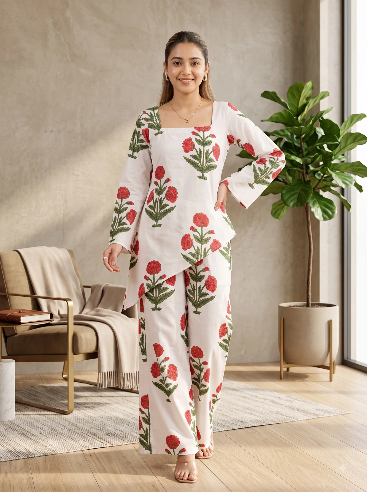 Full front view of the printed kurta-palazzo set with square neckline and wide-leg silhouette