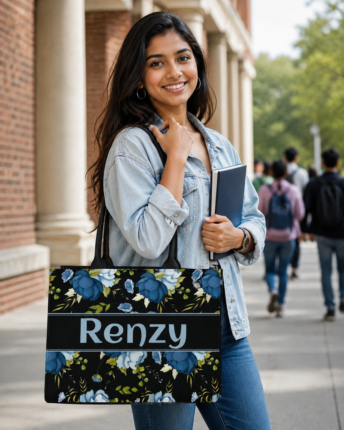 Blue floral personalized tote worn on shoulder outdoors, showing the name "Renzy" on the front band