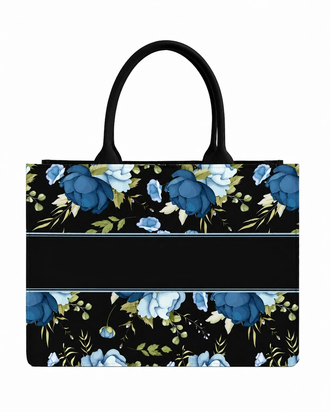Front view of black tote with blue floral print and blank center panel for custom text