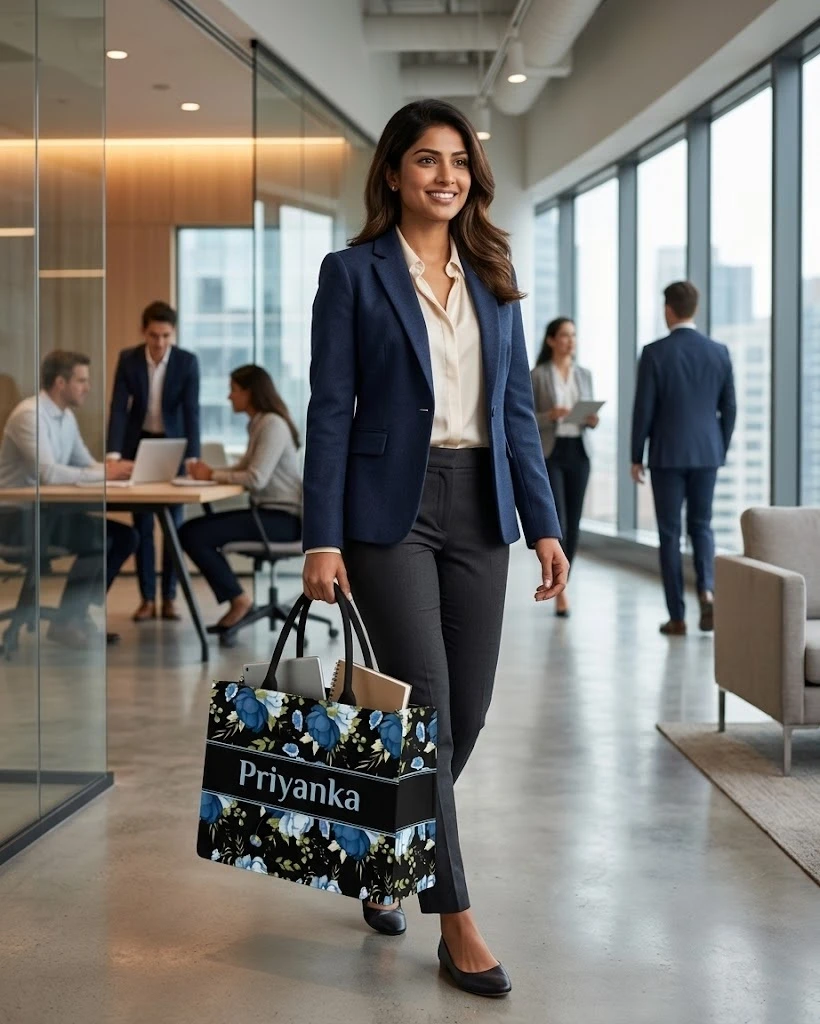 Professional carrying blue floral personalized tote in office hallway, with papers visible and the name "Priyanka"