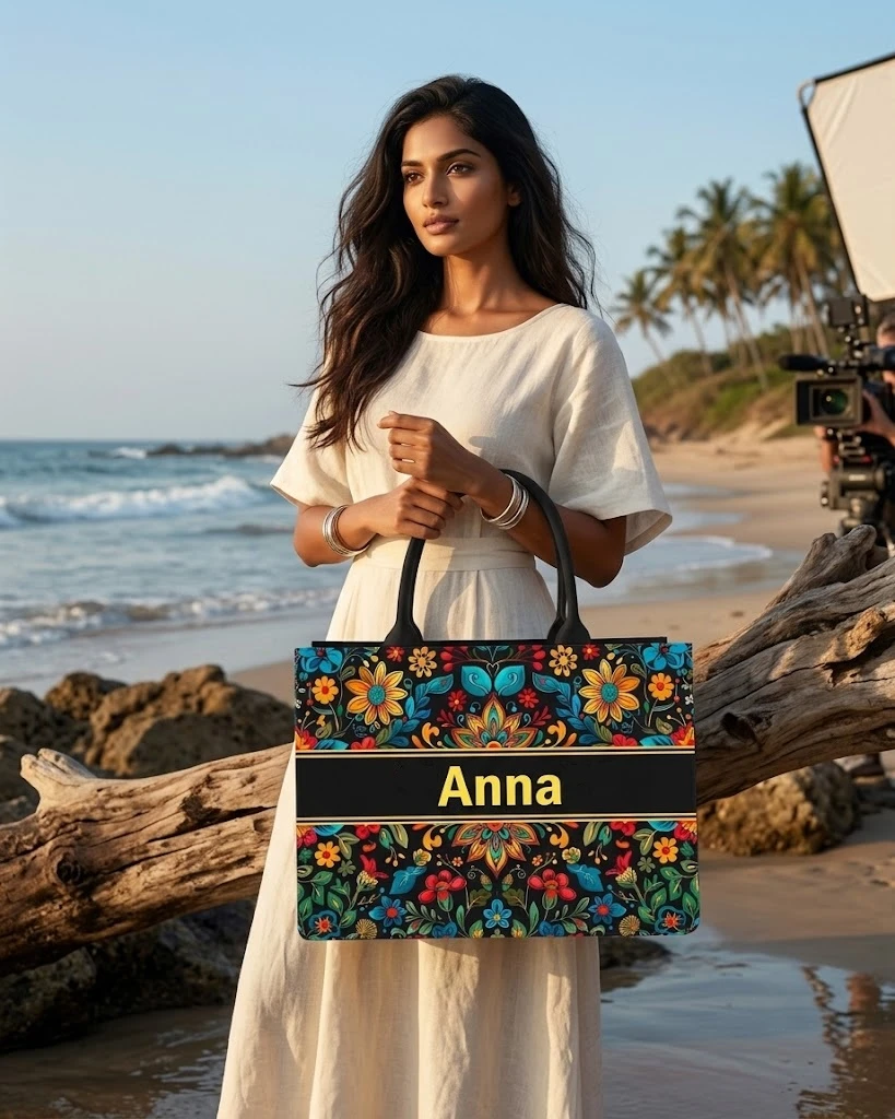 Personalized floral tote with Anna name shown outdoors on a model at the beach