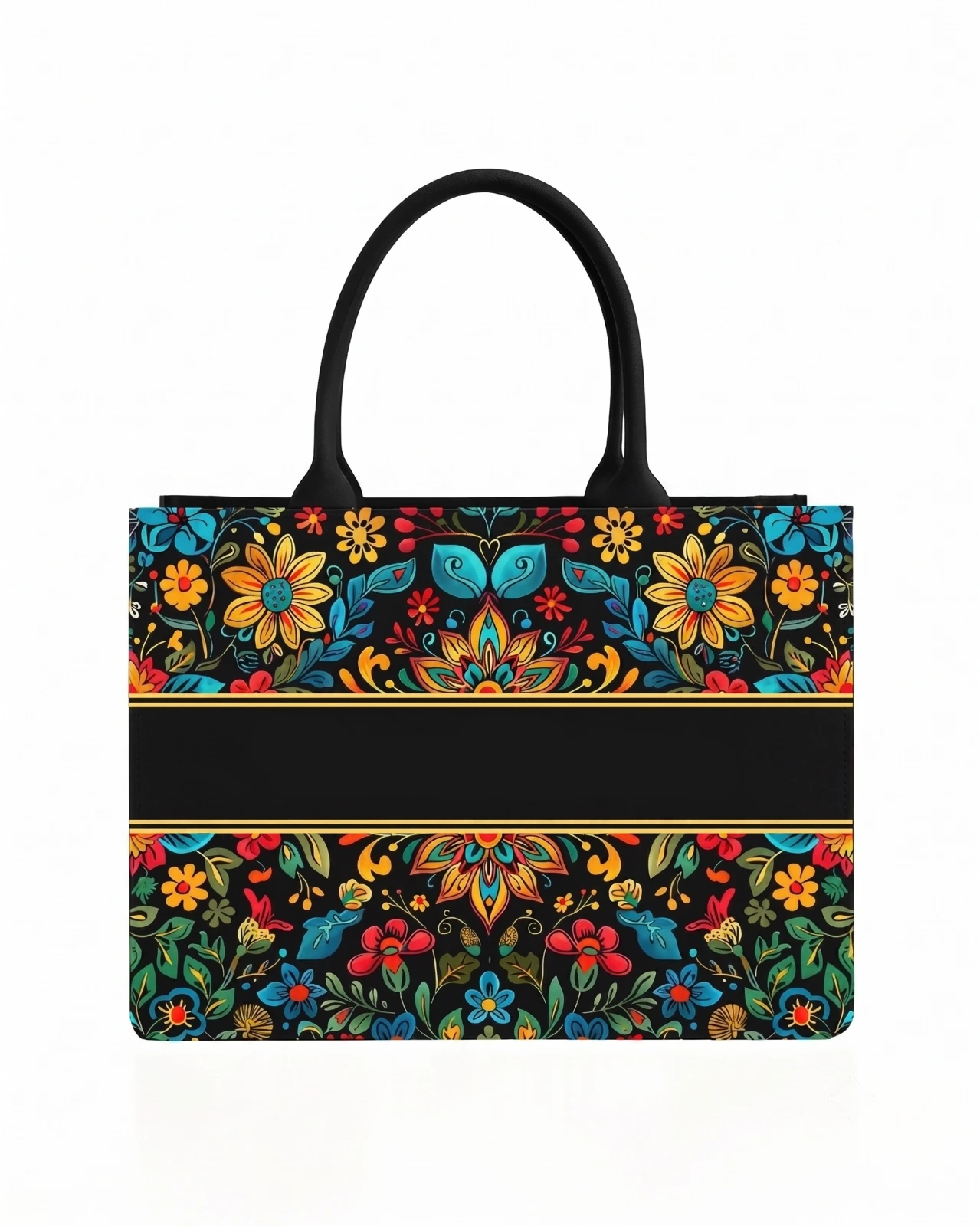 Blank personalization area on the floral black tote, front view with twin handles