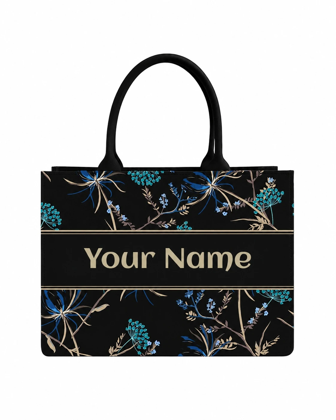 Front view of black floral tote with blue and beige botanical print and custom name panel