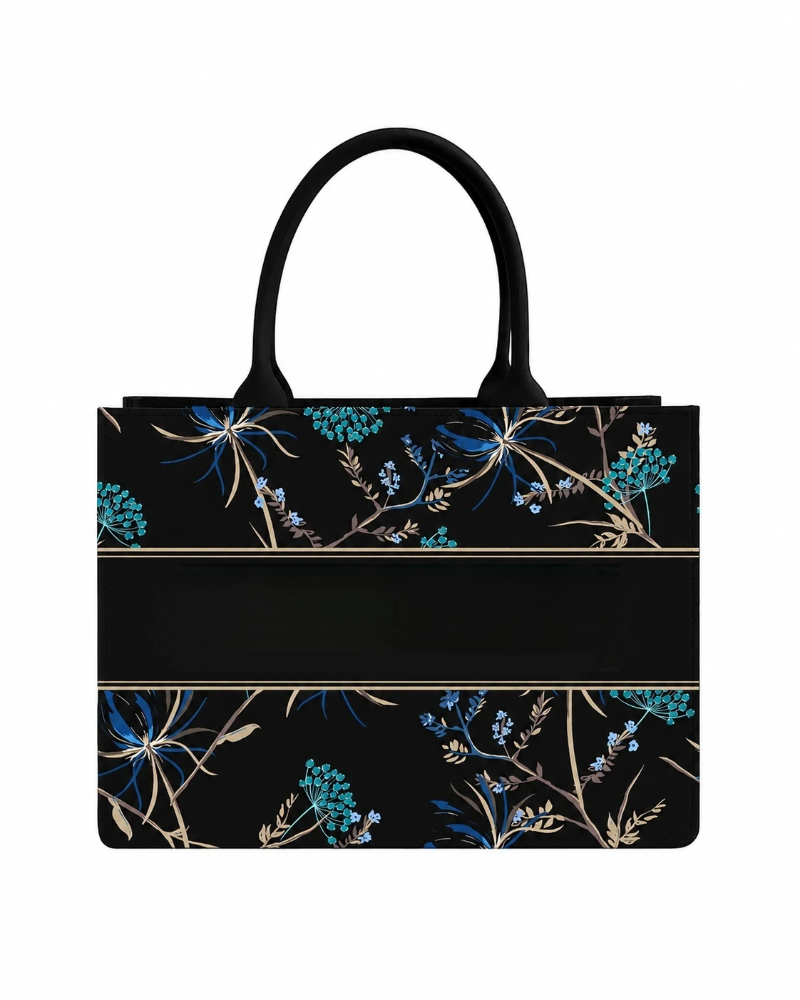 Front product shot of black tote with blue floral pattern and blank center personalization band