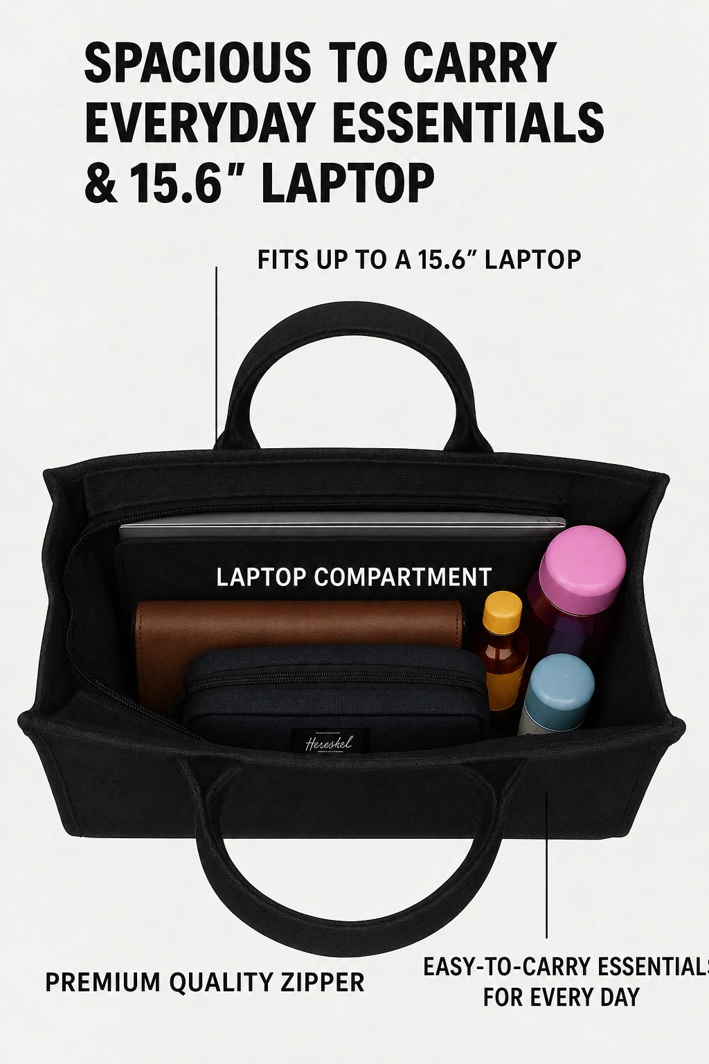Open black tote packed with laptop, case, wallet, and bottles, with 15.6-inch capacity text overlay