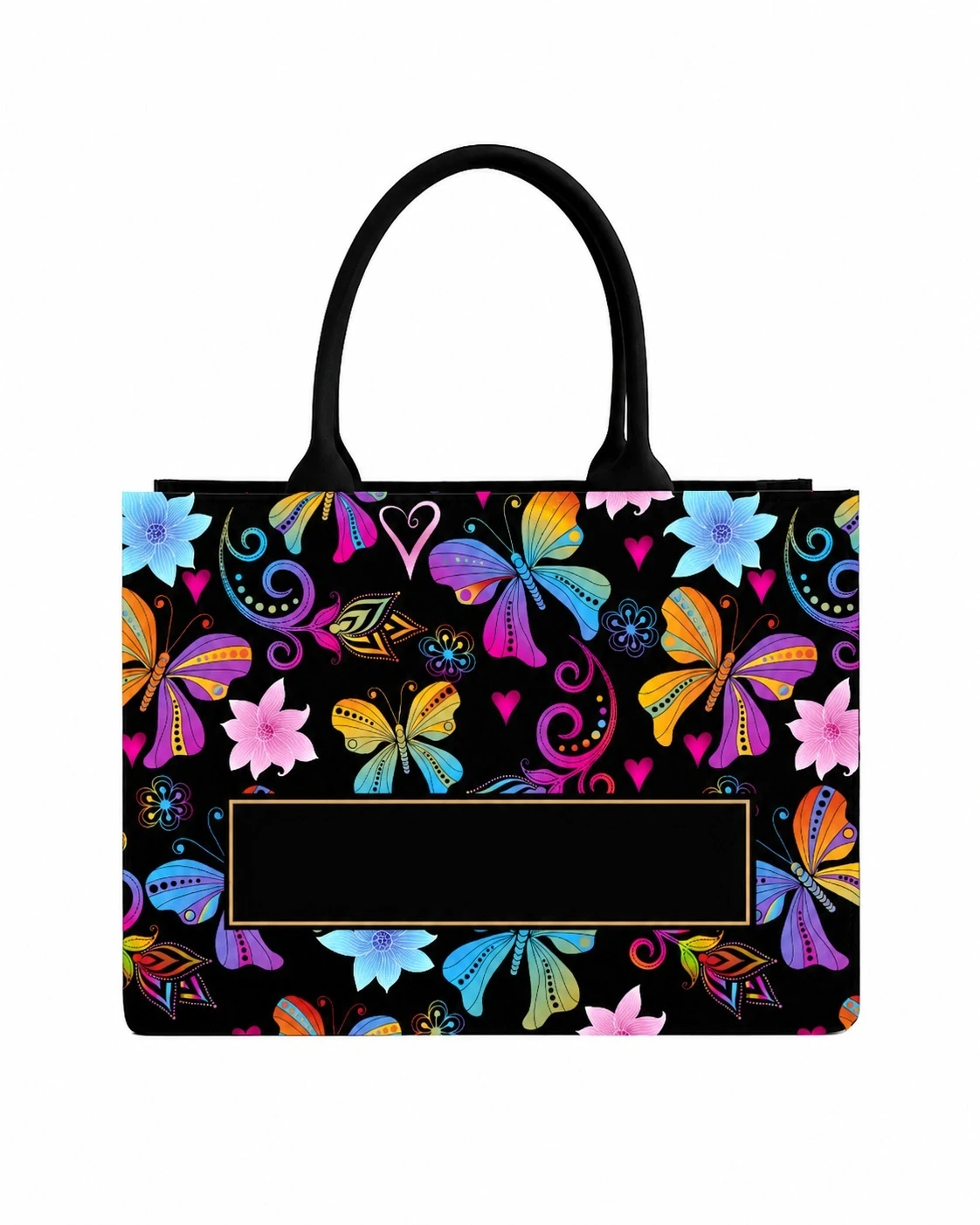 Front product view with butterfly and floral print, featuring a blank rectangular nameplate for customization
