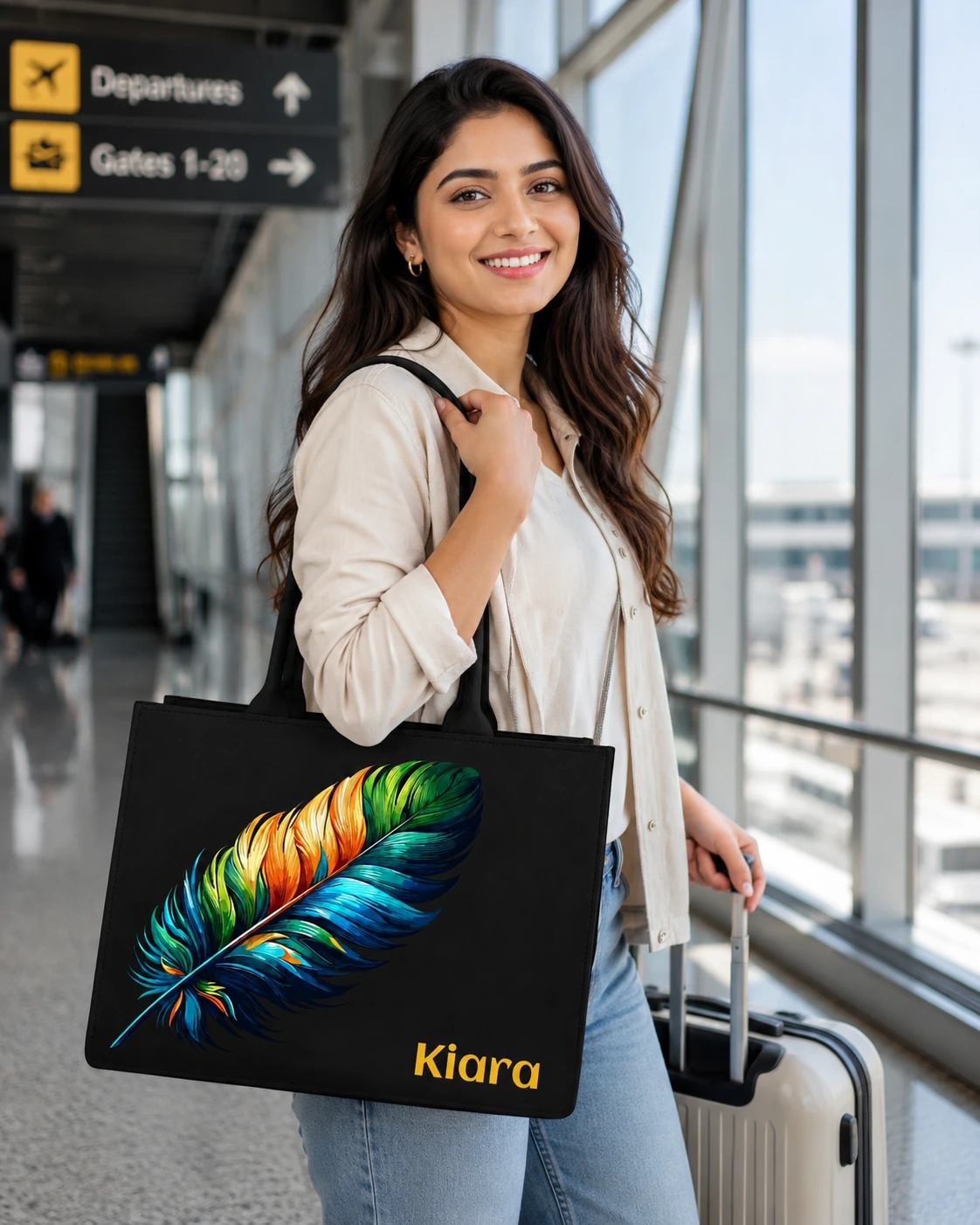 Custom Name Colorful Feather Tote Bag | Elegant Canvas Handbag view 2