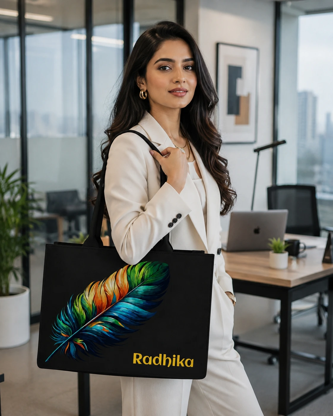 Custom Name Colorful Feather Tote Bag | Elegant Canvas Handbag view 3