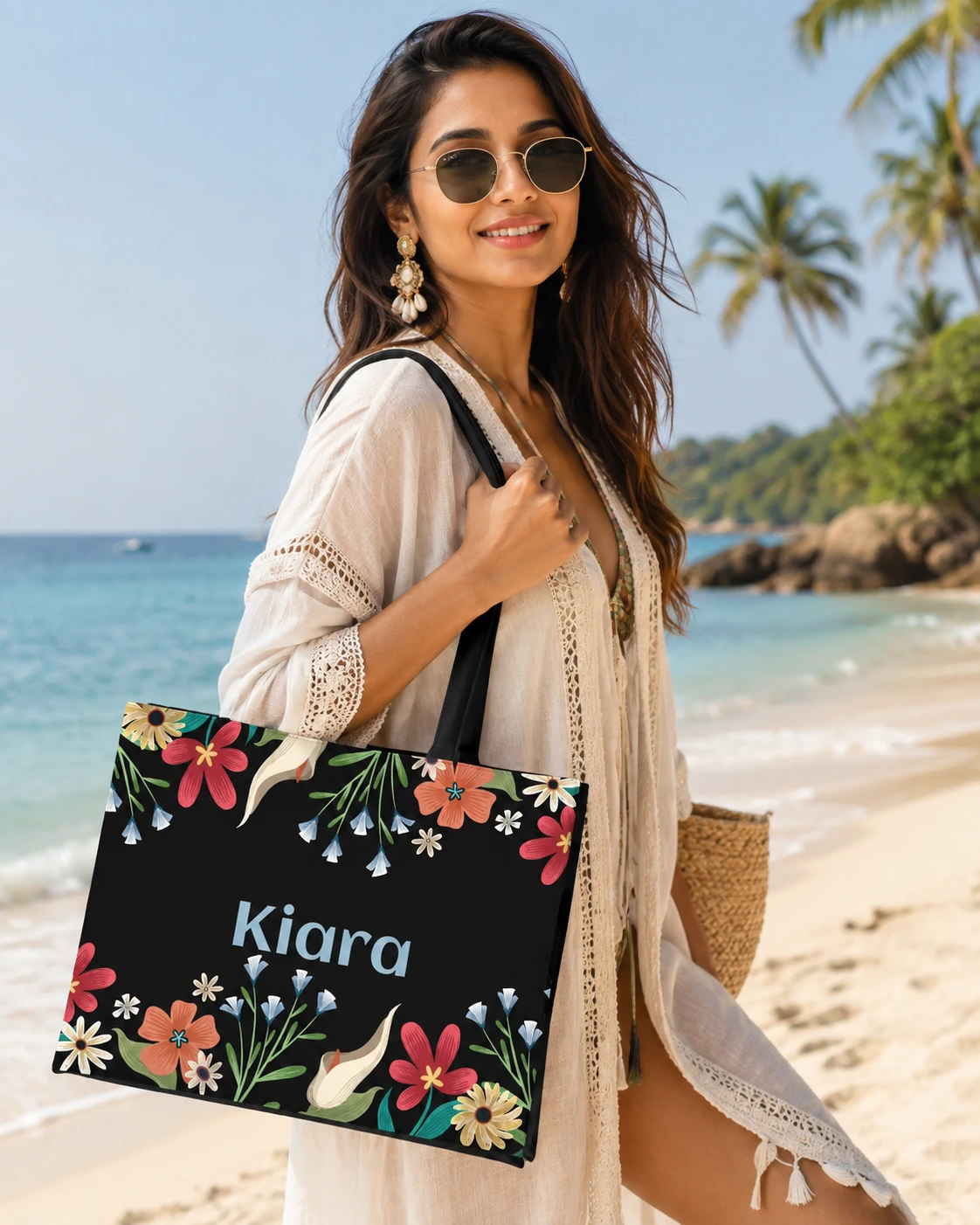 Custom Name Colorful Floral Tote Bag | Canvas Handbag for Women view 3