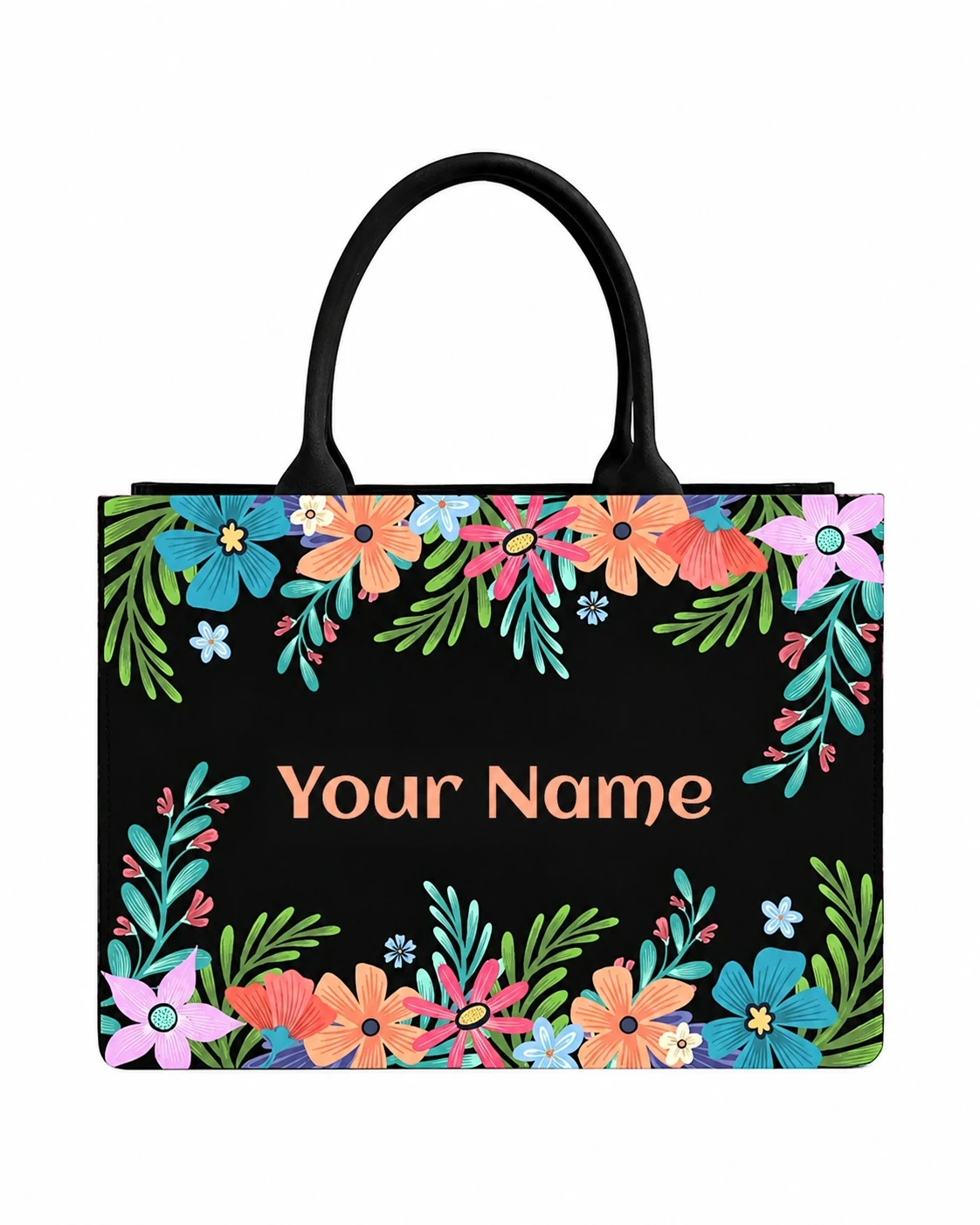 Custom Name Colorful Floral Tote Bag | Canvas Handbag for Women view 1