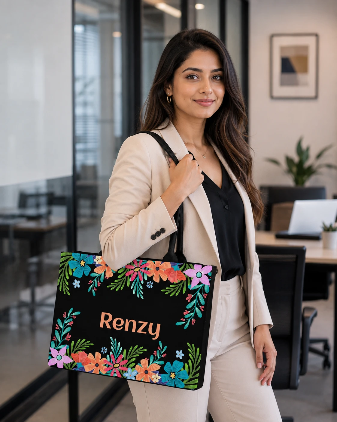 Custom Name Colorful Floral Tote Bag | Canvas Handbag for Women view 2