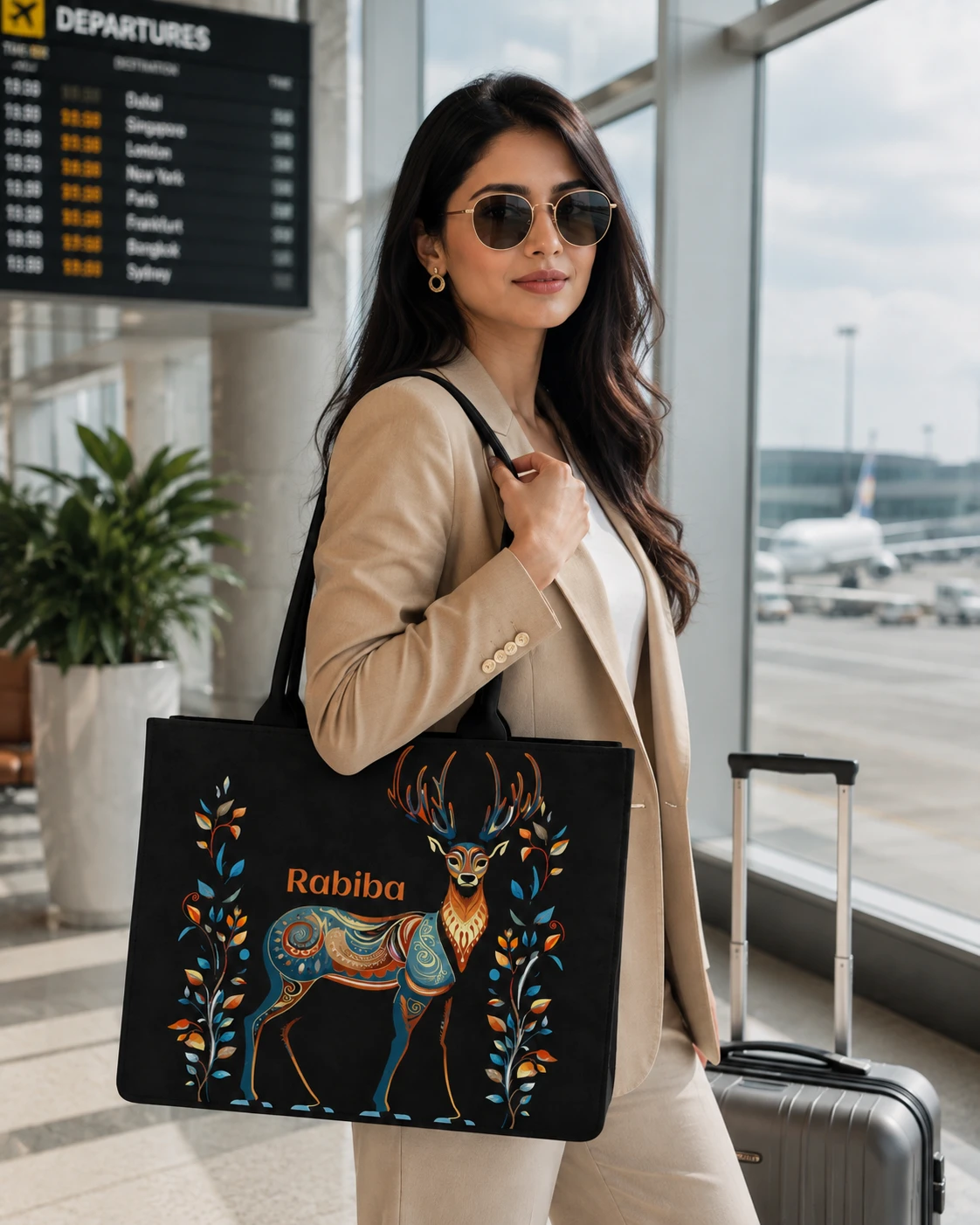 Custom Name Artistic Deer Tote Bag | Canvas Handbag for Women view 2