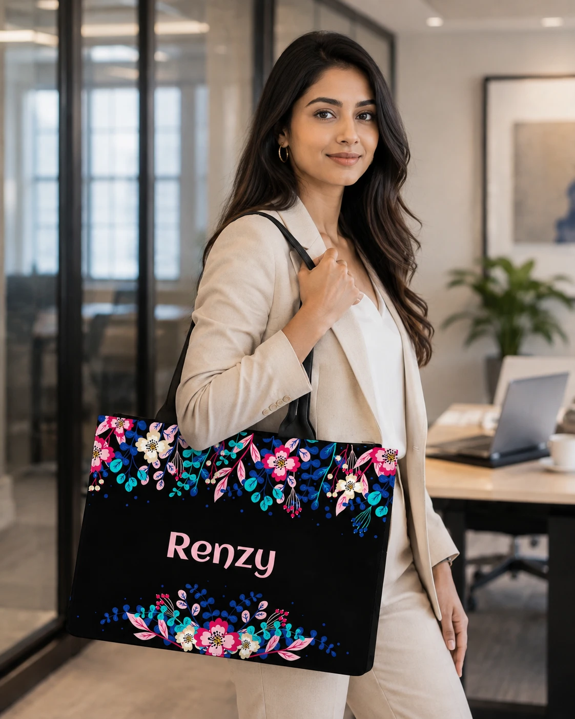 Custom Name Elegant Floral Tote Bag | Canvas Handbag for Women view 2