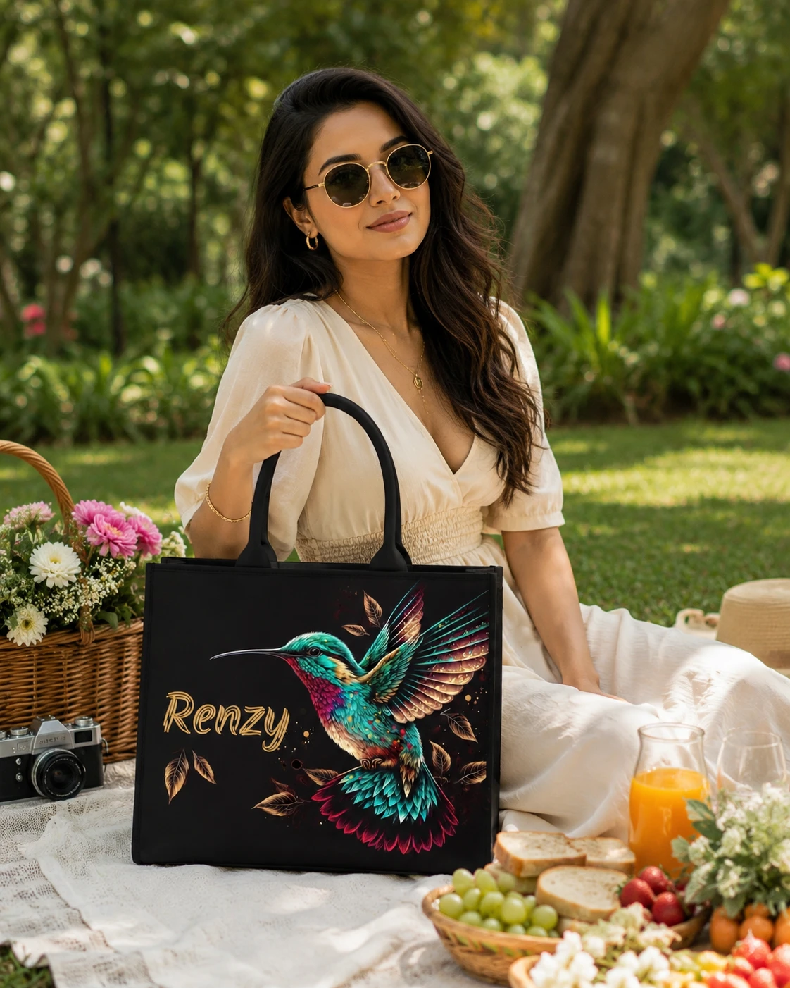 Custom Name Humming Bird Canvas Tote Bag for Women view 2
