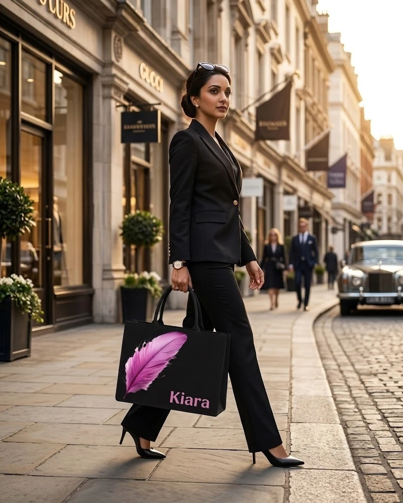 Custom Name Pink Feather Tote Bag | Canvas Handbag for Women view 2