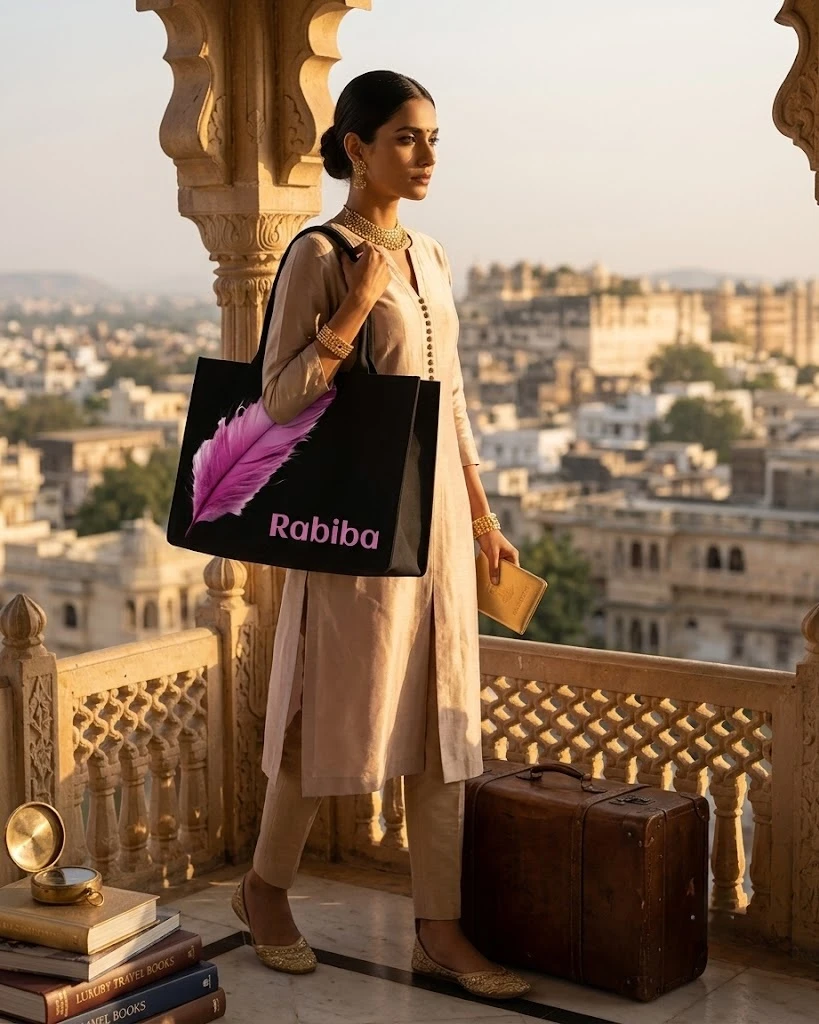 Custom Name Pink Feather Tote Bag | Canvas Handbag for Women view 3