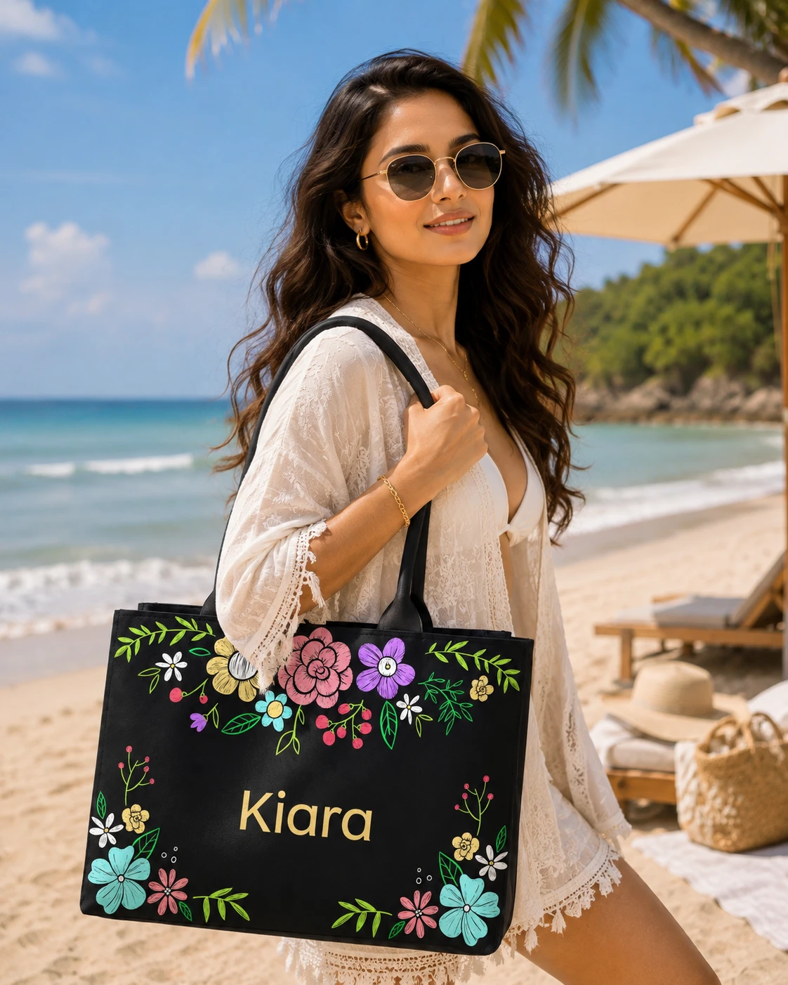 Custom Name Modern Daisy Tote Bag | Canvas Handbag for Women view 3
