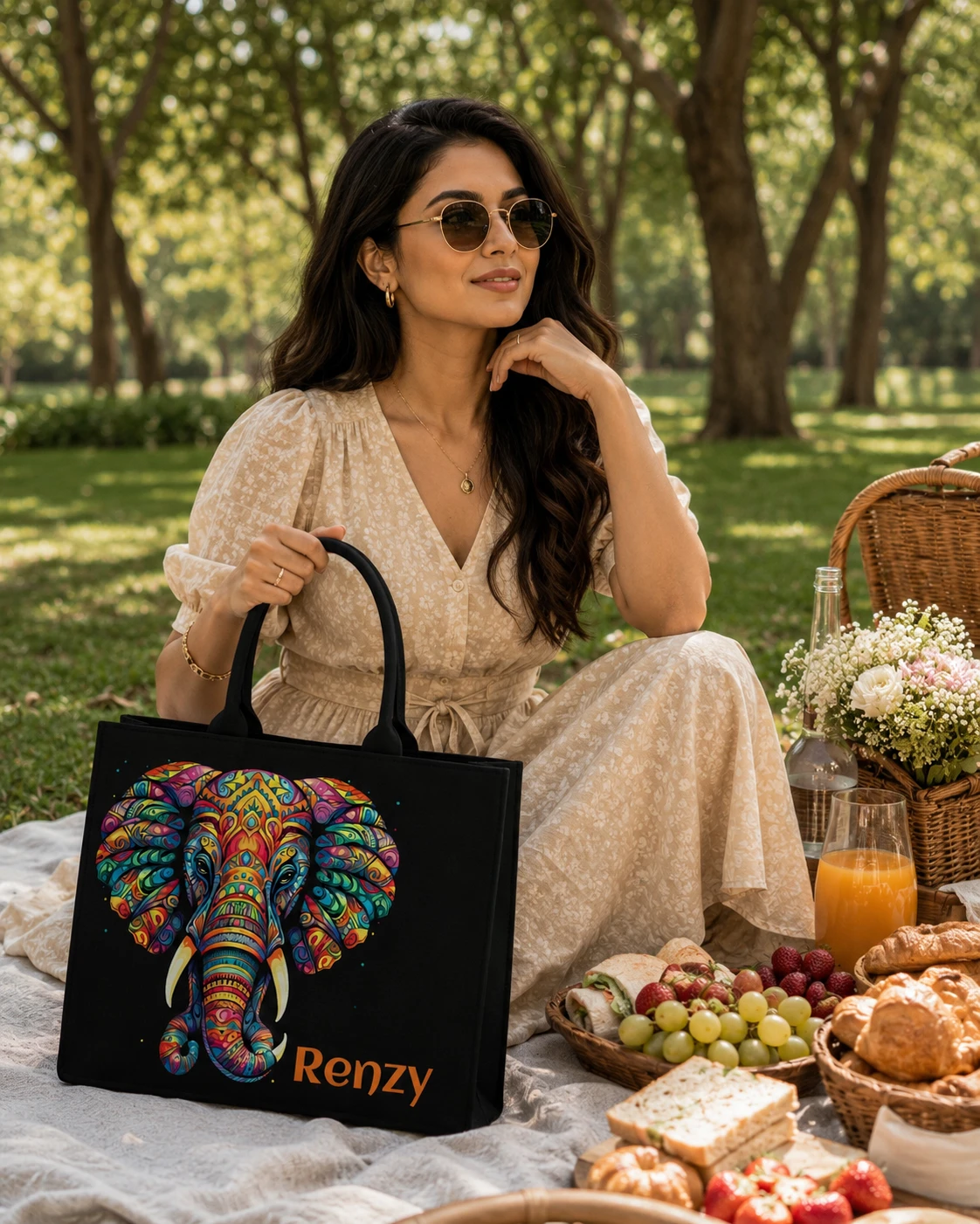 Custom Name Mandala Elephant Tote Bag | Canvas Handbag for Women view 3