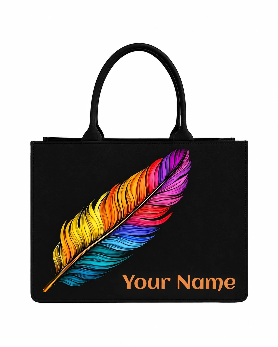 Custom Name Rainbow Feather Tote Bag | Canvas Handbag for Women view 1