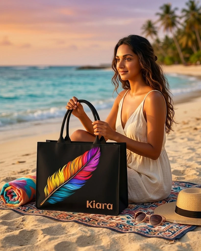 Custom Name Rainbow Feather Tote Bag | Canvas Handbag for Women view 2
