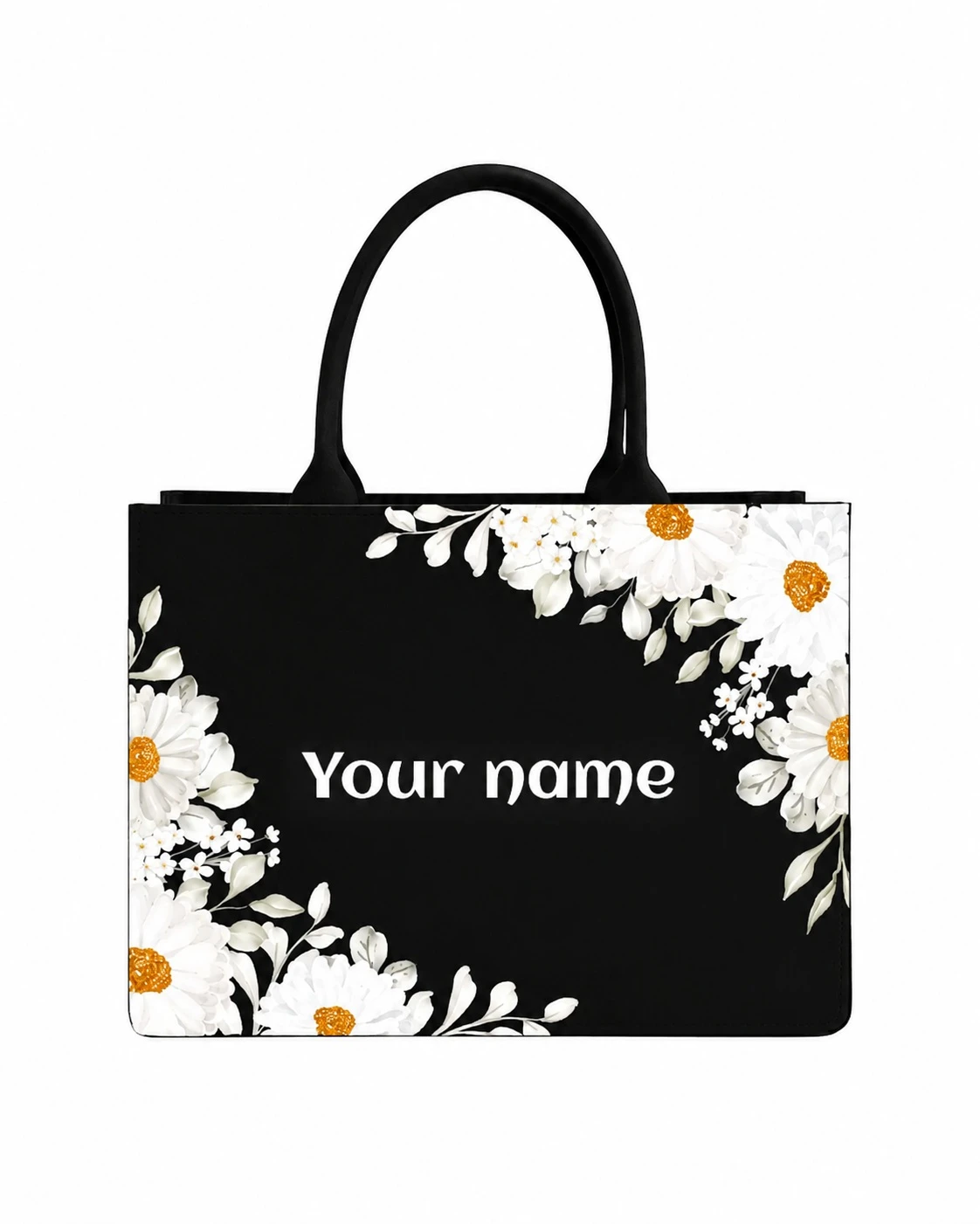 Custom Name White Floral Tote Bag | Canvas Handbag for Women view 1