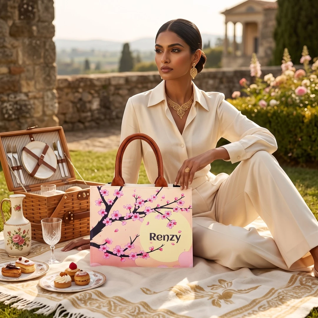 Custom Name Cherry Blossom Tote Bag | Canvas Handbag for Women view 3