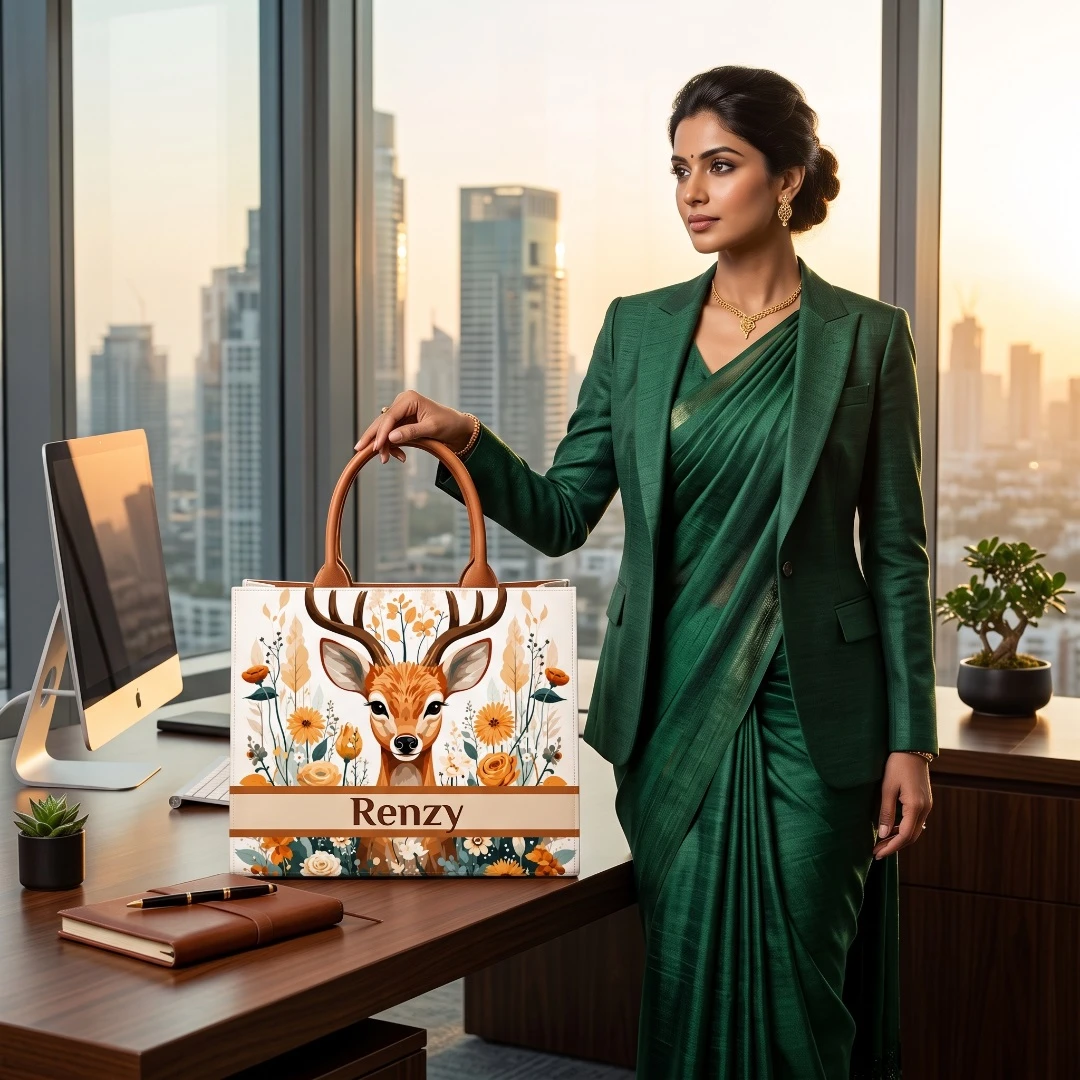Custom Name Deer World Tote Bag | Canvas Handbag for Women view 2