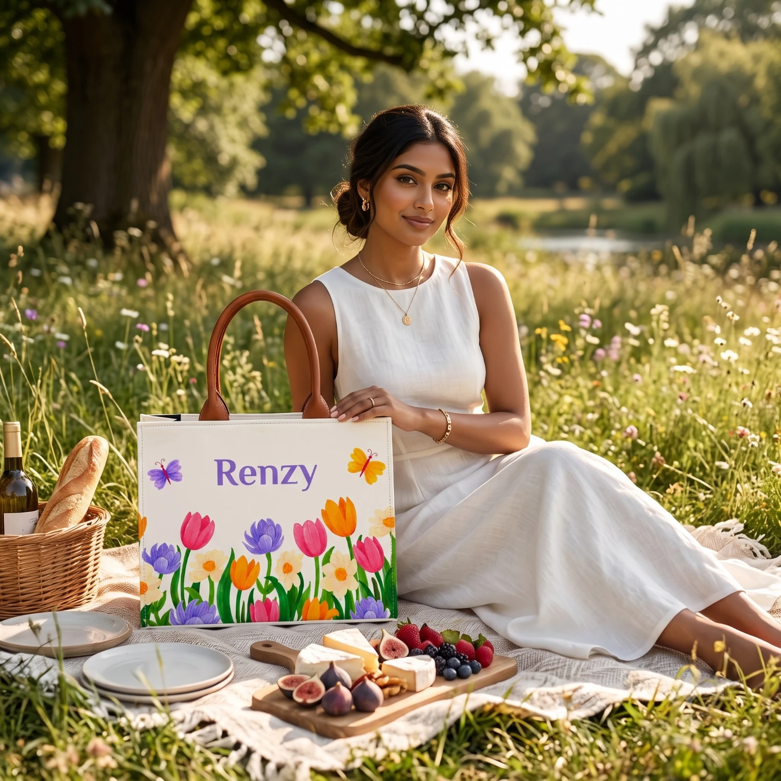Custom Name Floral Butterfly Tote Bag | Canvas Handbag for Women view 2