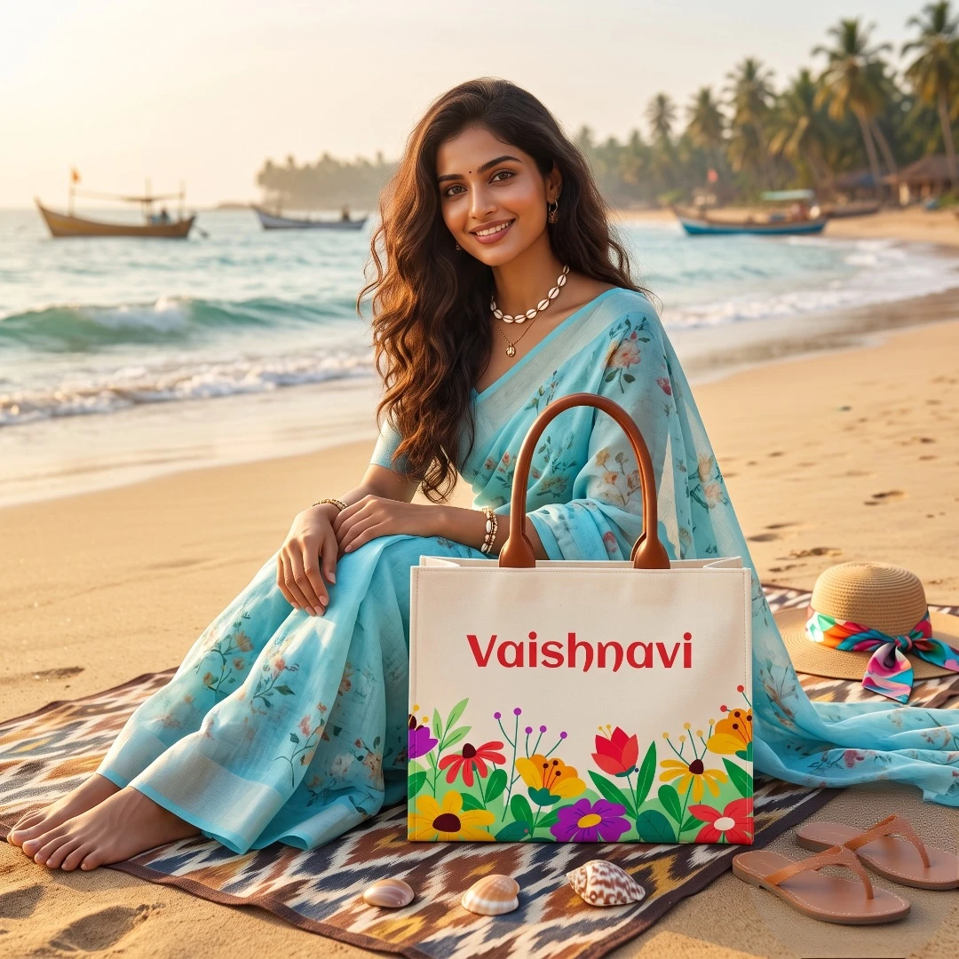 Custom Name Floral Elegance Tote Bag | Canvas Handbag for Women view 2
