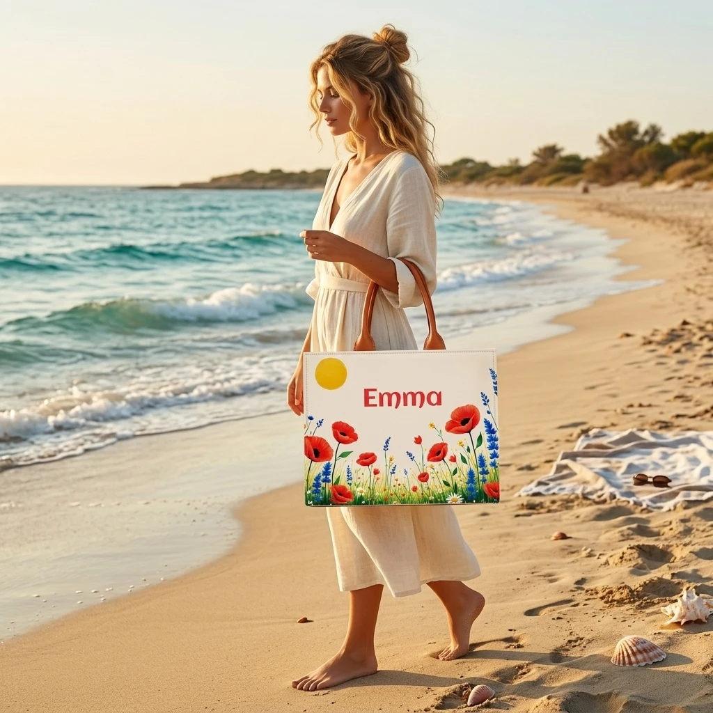 Custom Name Floral Meadow Tote Bag | Canvas Handbag for Women view 3
