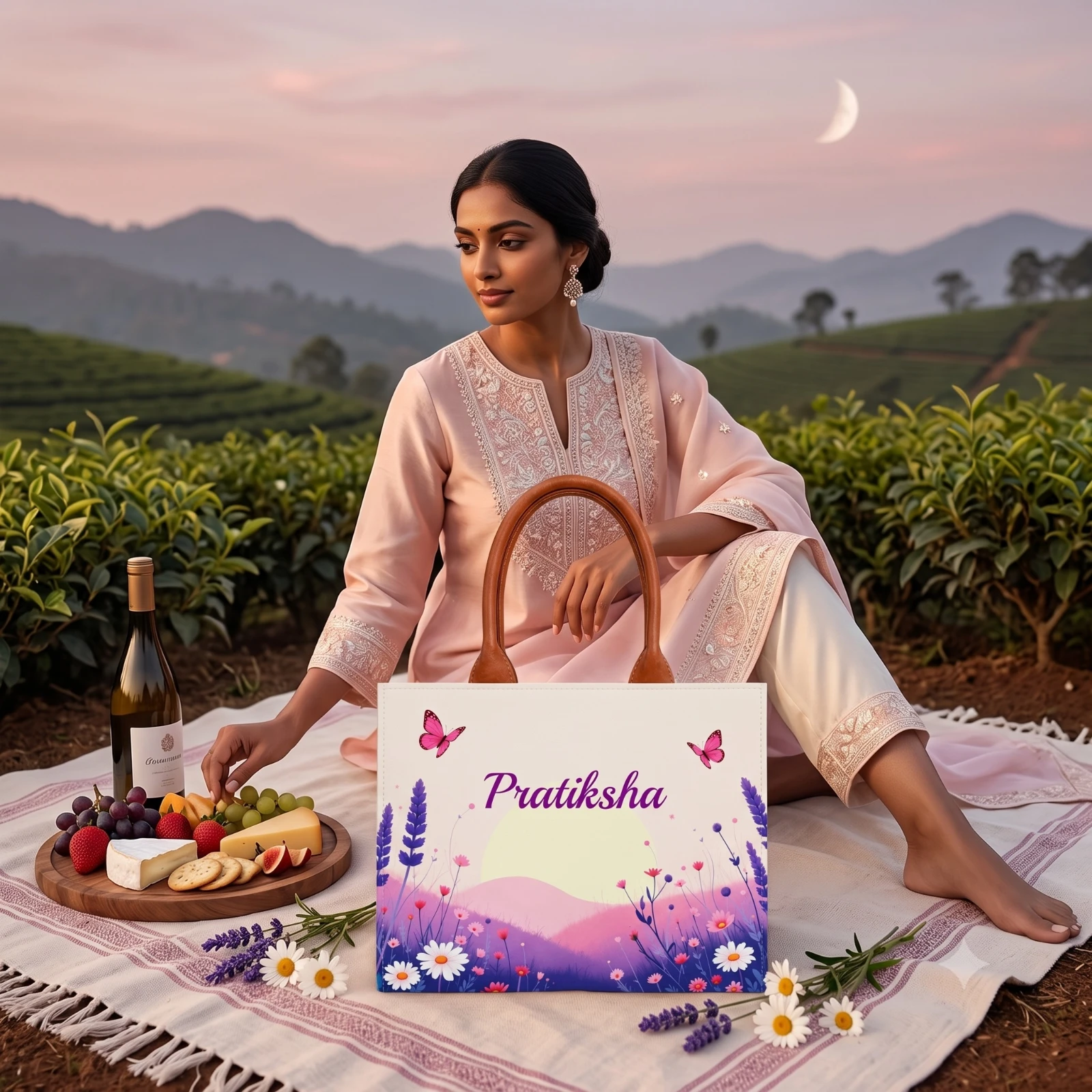 Custom Name Sunrise Meadow Tote Bag | Canvas Handbag for Women view 3