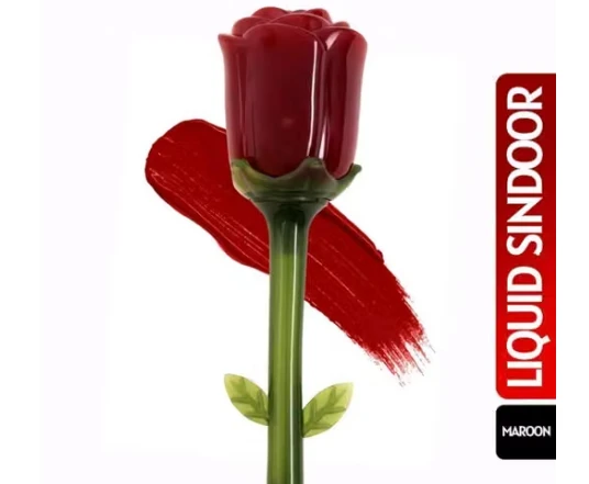 Closed rosebud sindoor tube with green stem over a maroon swatch and vertical Liquid Sindoor label