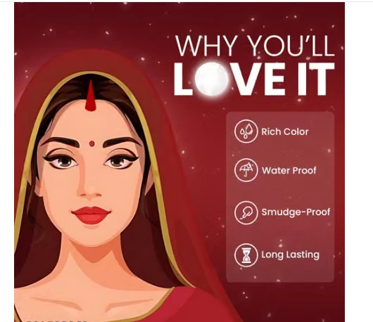 Infographic showing sindoor benefits with illustrated woman and text for rich color, waterproof, smudge-proof, long lasting