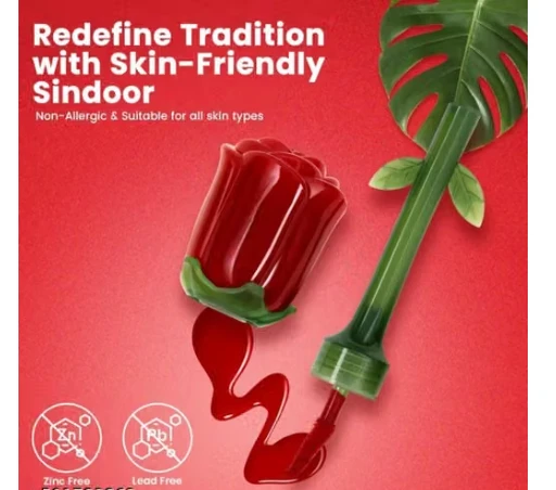 Rose-cap and green stem applicator beside maroon liquid spill with skin-friendly, zinc-free and lead-free claims