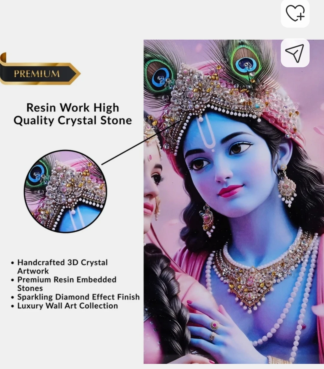Product infographic highlighting crystal-stone crown detail, peacock feathers, and resin wall art features list
