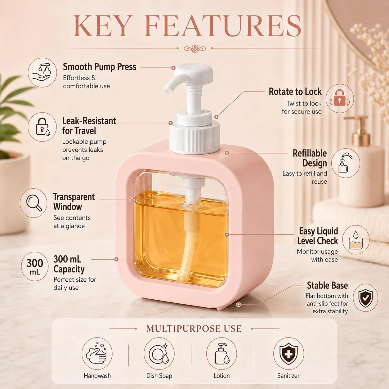 Pink dispenser infographic highlighting lockable white pump, refillable 300 mL bottle, clear window and stable base
