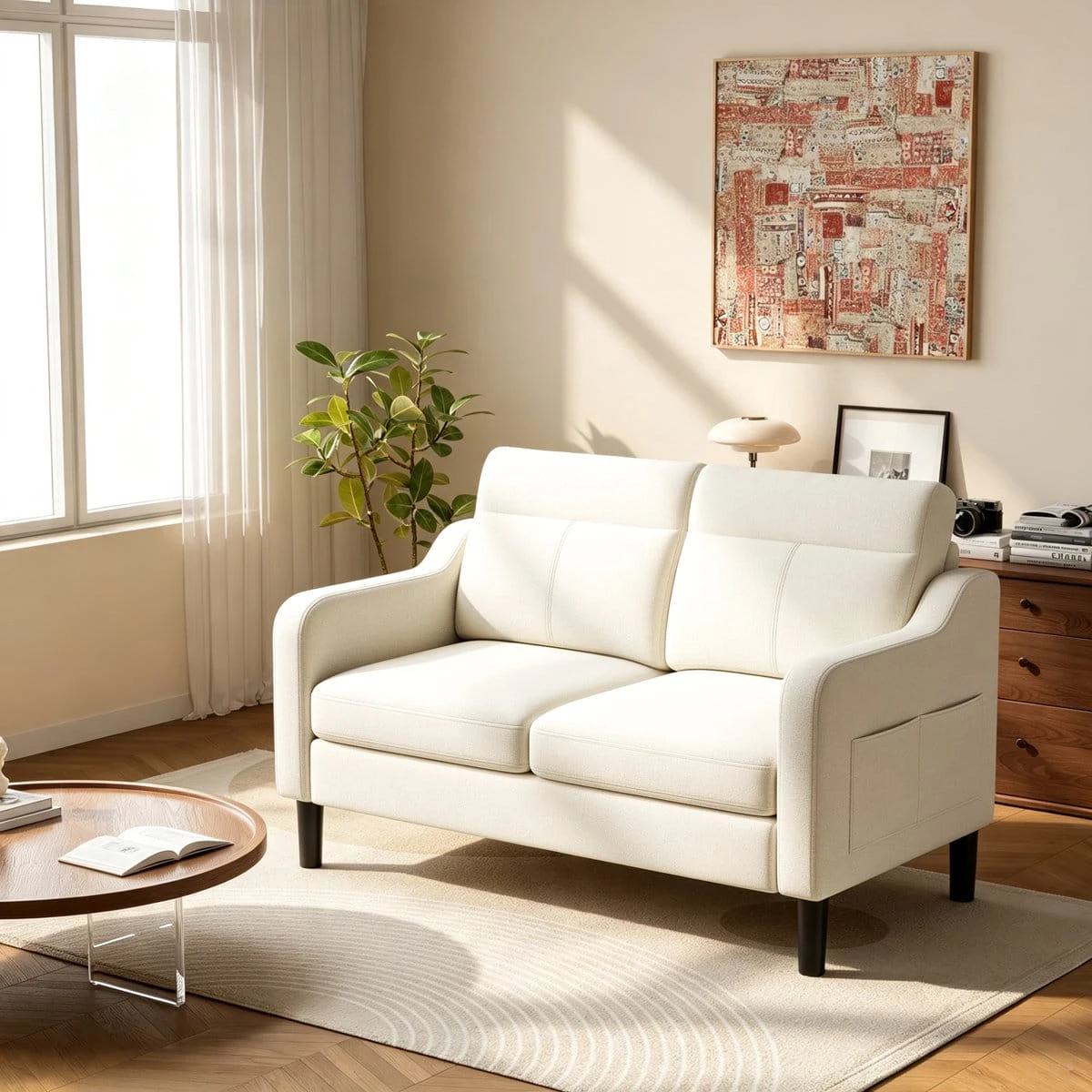 Three-quarter room view of the cream 2-seat sofa showing smooth arms and side storage pocket panel
