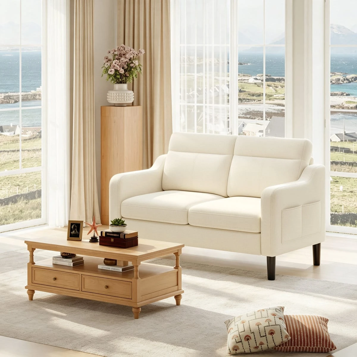Loveseat staged by tall windows, highlighting the cushioned seats, curved arms, and slim black legs
