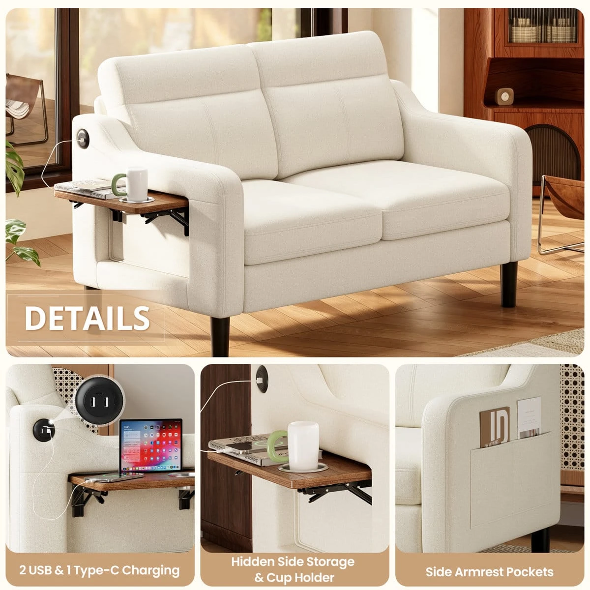 Feature collage showing fold-out side tray, USB and Type-C ports, cup holder, and armrest pocket storage