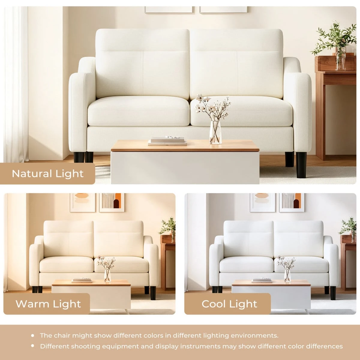 Front view comparison of the loveseat under natural, warm, and cool lighting conditions